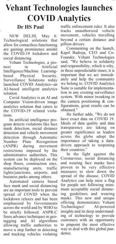 Daily Excelsior covers the launch of Vehant's Covid Analytics - AI based Intelligent Analytics Solutions